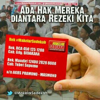 Mencari Ridho dan Berkah Allah. Supported by @yusuf_mansur @jody_waroeng @masmono08. Rek #MakelarSedekah BCA 4501251288 | Mandiri 1240028288000 an AGUS PRAMONO