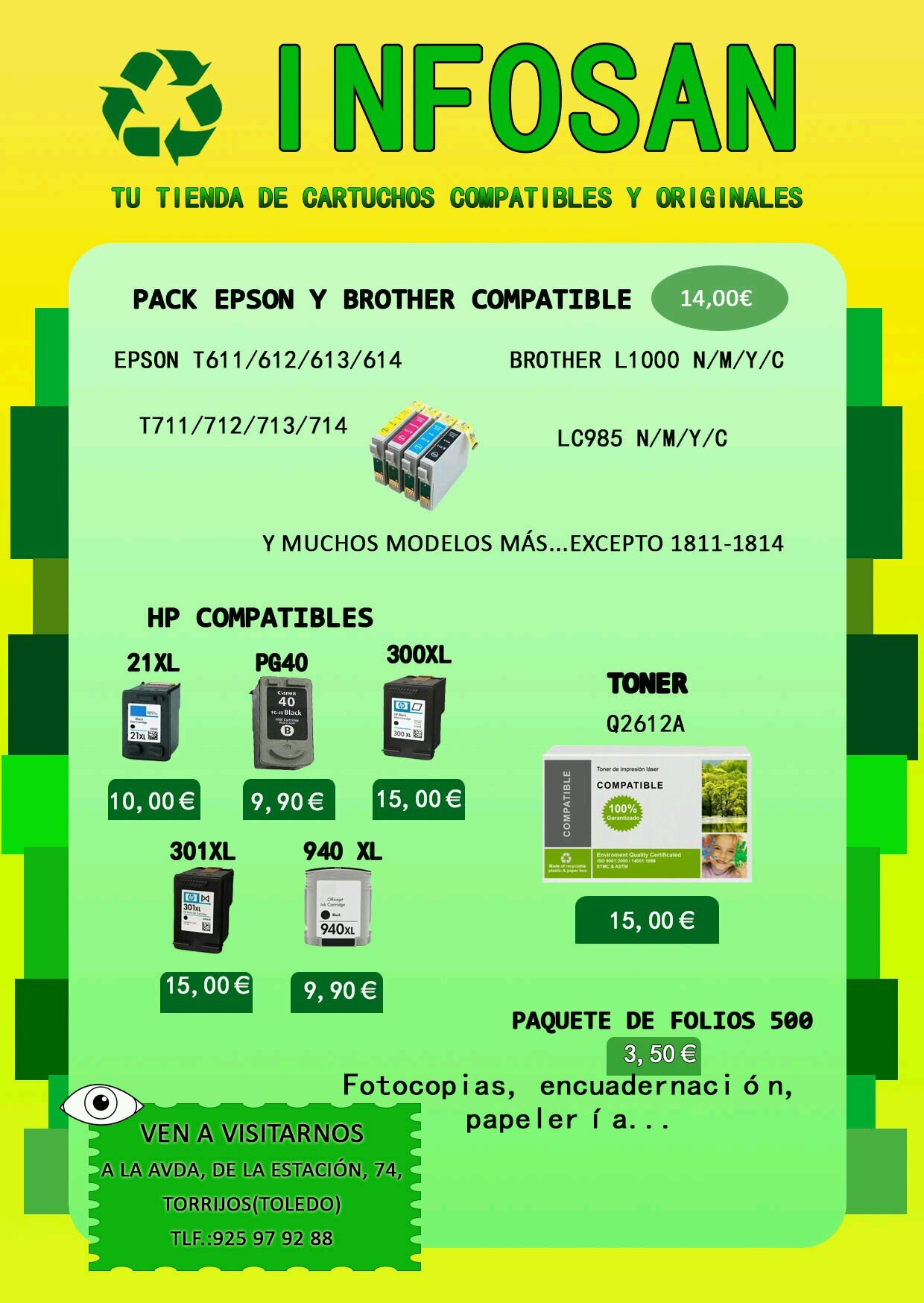 Nos dedicamos a la venta de toner, cartuchos de tinta originales y compatibles y copisteria.