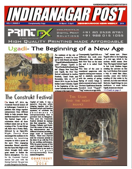 An Indiranagar based, weekly newspaper-magazine. We cover events, current affairs, fashion and lifestyle, businesses, FnB reviews, health, fitness, etc.
