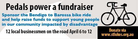 Bendigo2Barossa's profile picture. 12 Bendigo businessmen and women cycling from Bendigo to the Barossa Valley in South Australia to raise funds for St Luke’s Anglicare.