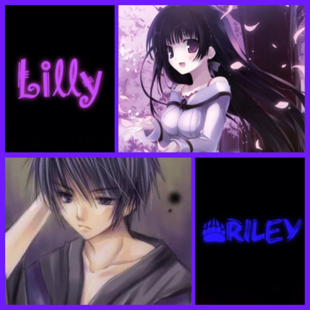 L~ Lilly is a dark purple haired girl with purple eyes Fun and energetic. R~ Riley is a dark purple haired boy with light purple eyes He is silly but a shy boy
