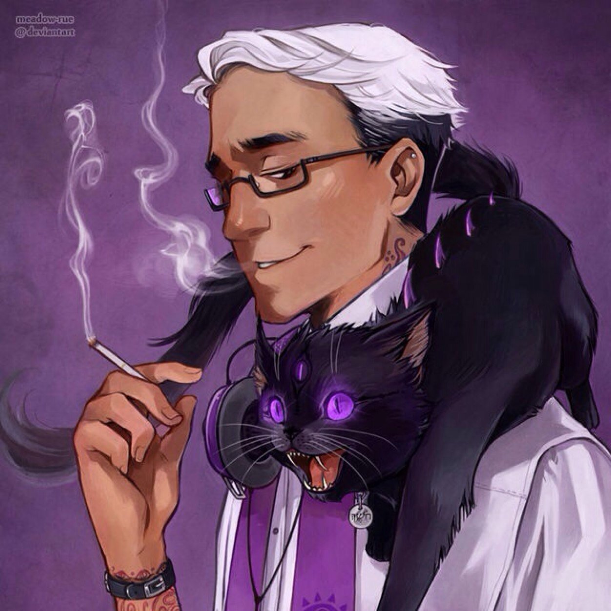 Psychopomp. Millions of years old. 6'3. Always with Khoshekh the cat. Purple tentacles. Georgetown Academy Radio Host. {@HermesTalaria}