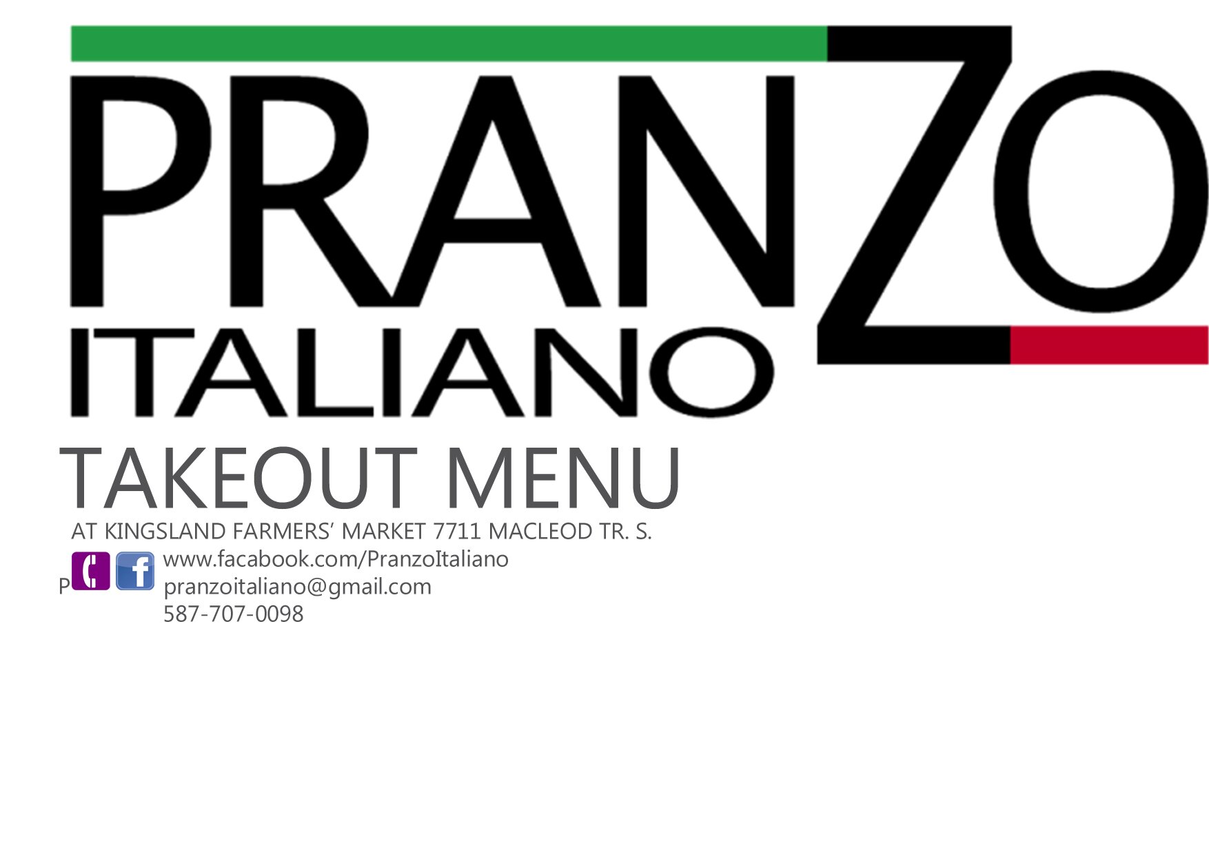 PranzoItaliano at The Market on Macleod sells homemade meet and vegetable lasagna, and also cold and hot foods for take out as well.