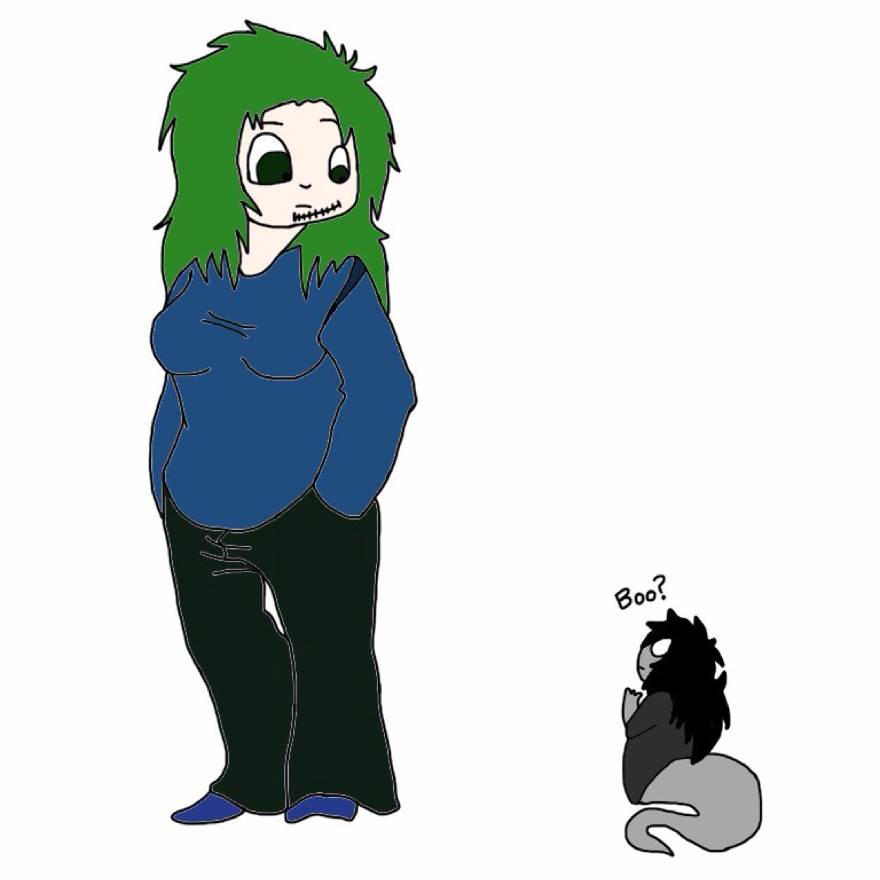 I-Im Pora. Im Deaths daughter. I was born with stitches near my mouth, green hair, and dark green eyes. I will kill you.