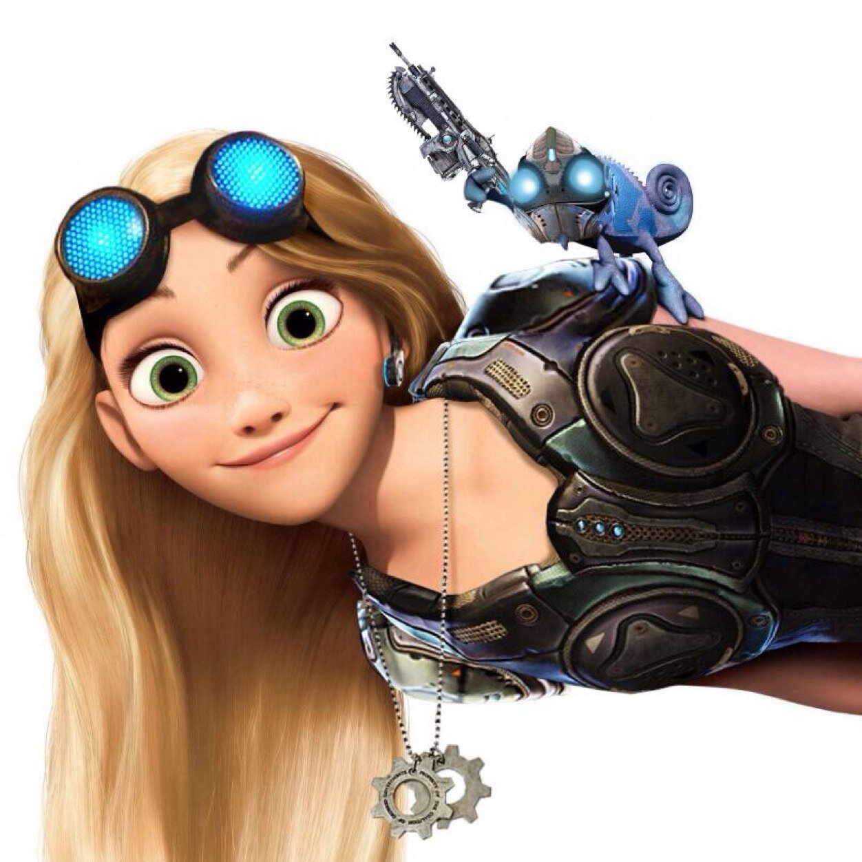 Hi, I'm Rapunzel! I'm the lost queen but I found my parents, and my husband Eugene. I have a pet chameleon named Pascal! I have frying pan, and I will use it.