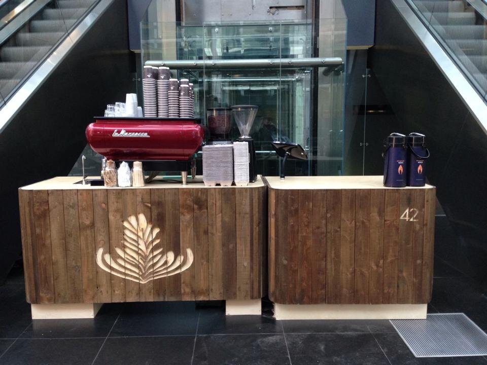 Taylor St Baristas pop-up cafe in the foyer of Tower 42 - must be the highest ceiling we've ever had!