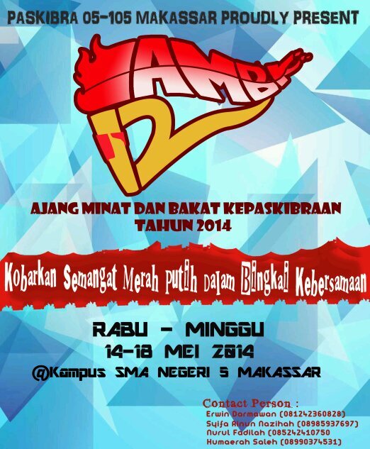 AMBK XII dengan tema KOBARKAN SEMANGAT MERAH PUTIH DALAM BINGKAI KEBERSAMAAN. Will be held on 14-18 MEI 2014! Don't miss it! IG: AMBK12