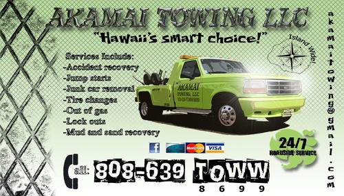 AkamaiTowing's profile picture. Hawaii's SMART choice for roadside assistance! we provide lock outs, out of gas, towing, jump starts, and tire changes. Affordable prices.808 639 TOWW (8699)