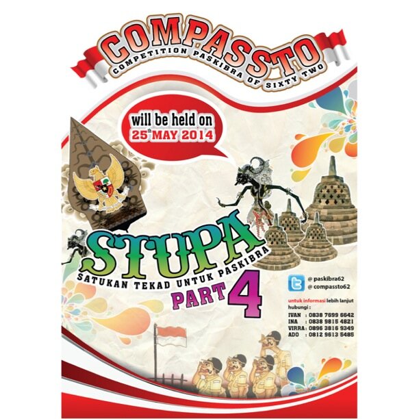 COMPASSTO (Competition Paskibra of Sixty Two) part 4. Will be held on May, 25th 2014.
CP : • Ivan (083876996642 / 750851C7)  • Virra (089638169349 / 26A46D66)