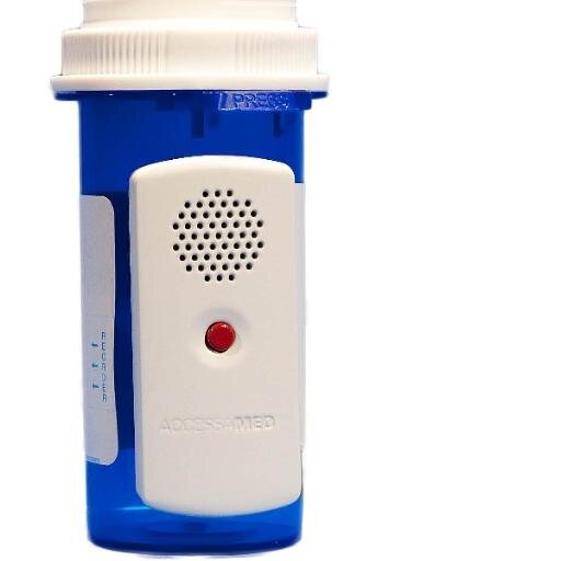 The new generation in accessible prescription labeling. By pressing the button, its speaker provides a verbal description of the prescription details.