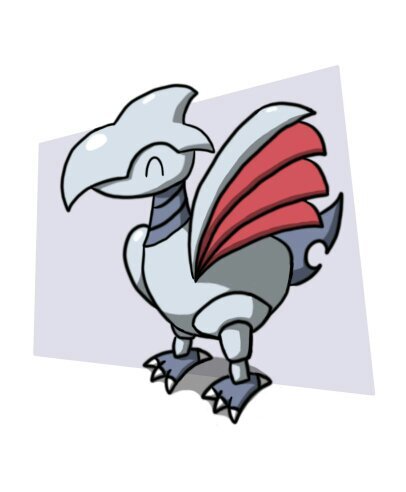 Skarmory the “Armor Bird Pokemon“ The feathers that it sheds are very sharp. It is said that people once used the feathers as swords.
