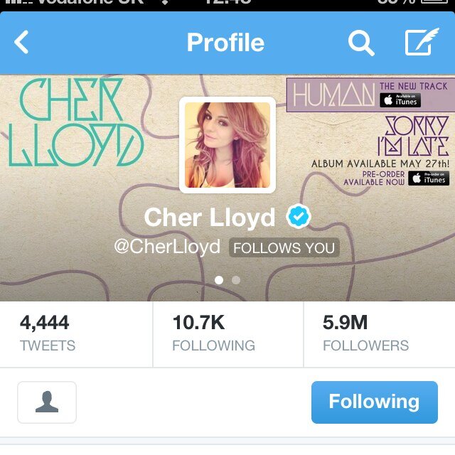 Cher follows :D been a brat since the start in 2010. Saw Cher live on #Sticksandstonestour 10-04-12 :) Cher's dad darren tweeted me!! xx