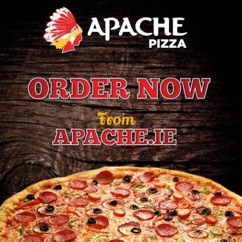 Apache Pizza Bray.
Too Many Cowboys, Just One Apache...
Any Pizza, Any Size, €9.99.      
(01) 2116388