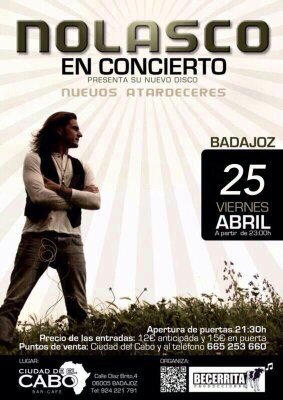 nolascoDIA25's profile picture. Este viernes día 25 de abril tendremos el honor de disfrutar del nuevo disco de Nolasco en directo en el Pub Ciudad de el Cabo (Badajoz),entradas limitadas.