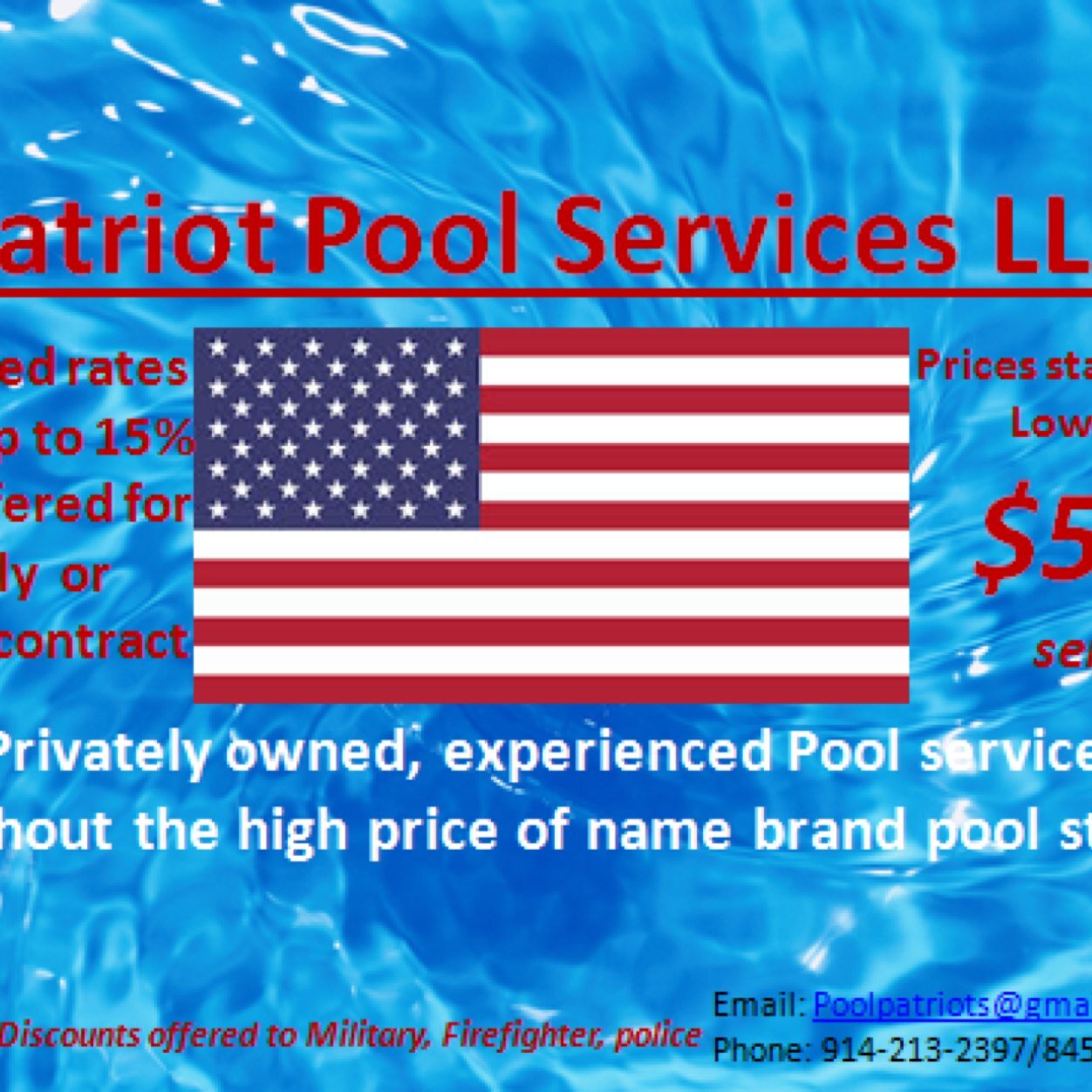 Pool patriots offers Cleanings/vaccumings/ water chemistry/ filter and pump service as well as Package rates and on-call visits are available.PHN # 914-213-2397
