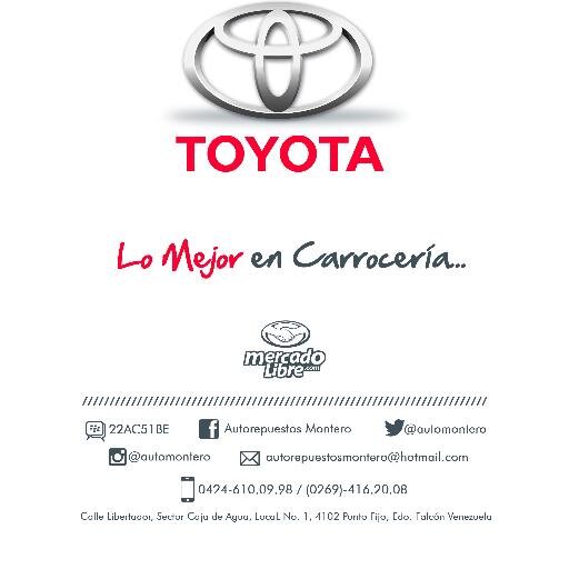 Empresa dedicada a la distribución de repuestos de Carrocería TOYOTA  PIN 22AC51BE Telefonos: 0269-3913915 / 0414-9651306 / 0424-6100998