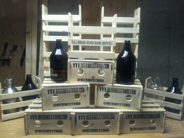 Hand made growler boxes that hang your empty growlers on the wall out of the way when they're not transporting your favourite brew. Surrey/Delta BC