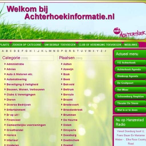Alles over en van de Achterhoek
evenmenten, achterhoekmarktplaats, bedrijven, verenigingen, nieuws, weer
kijk ook op http://t.co/IORsJvtwWt