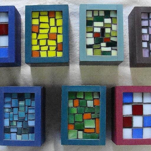 Objetos artesanales hechos con mosaico de vidrio, cerámica y madera. Regalos corporativos.