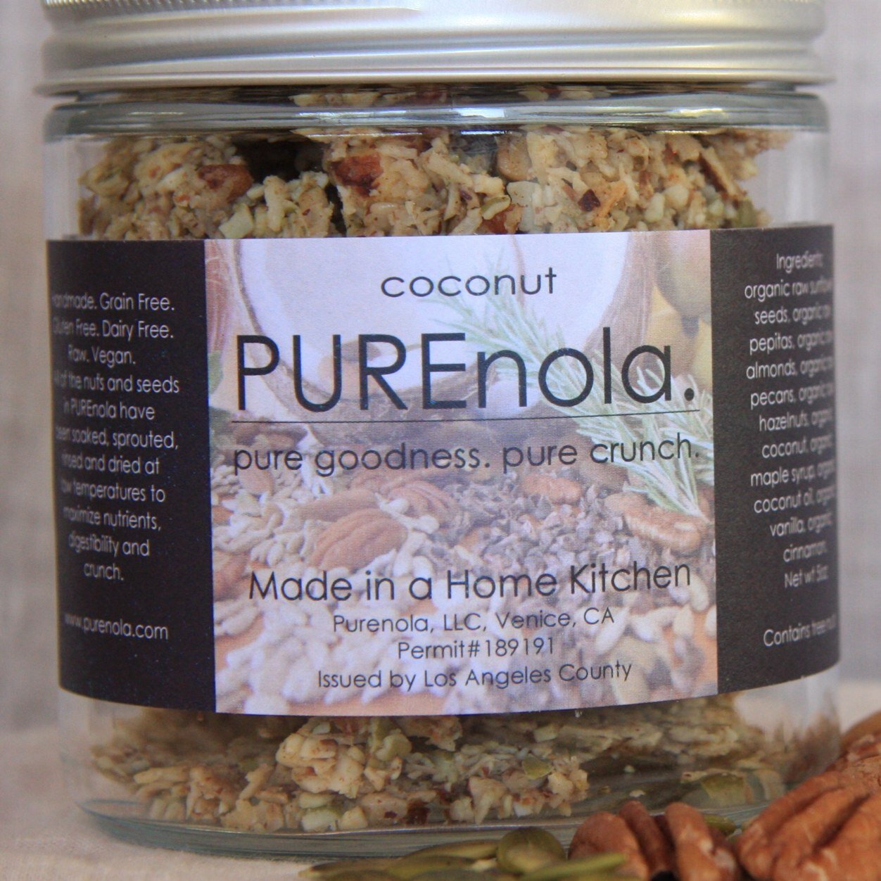 PUREnola is a modern, reinvented cluster snack combining raw nuts, raw seeds and other natural goodness. Gluten Free, Grain Free, Dairy Free, Raw, Vegan.