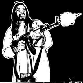 youtuber growing channel follow name is sprayand pray the pic is jesus with an ak-47