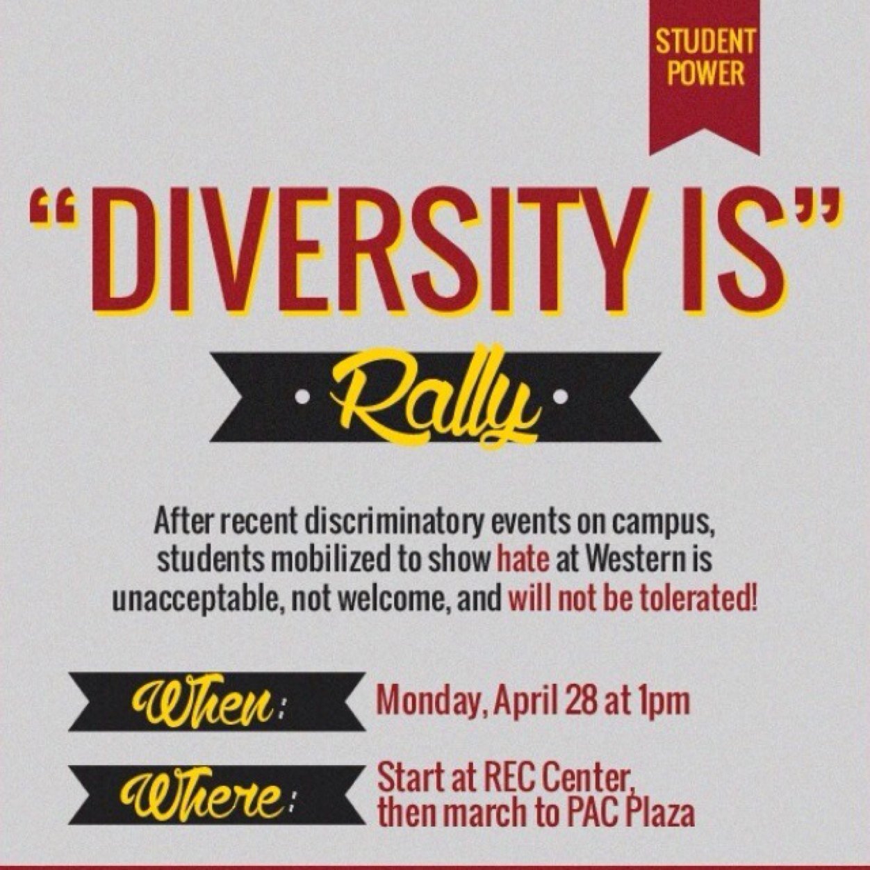 diversityisWWU's profile picture. A twitter page dedicated to promoting the rally at Western Washington University. Tweet @ us, & don't forget to hashtag: #DiversityIsWWU (do it for the retweet)
