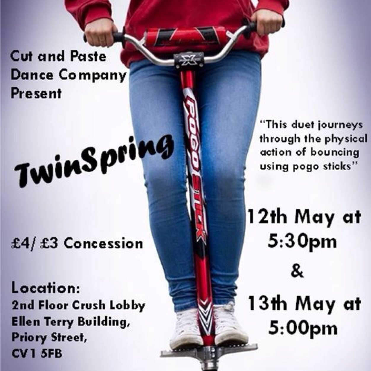 We are Cut and Paste Dance Company and our piece 'TwinSpring' will be performed on the 12th & 13th May 2014, more details to follow