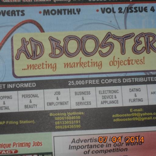 ADBOOSTER, a classified advert tabloid, its aim is to meet marketing objectives by promoting the sales of goods & services & reaching ur targeted audience.