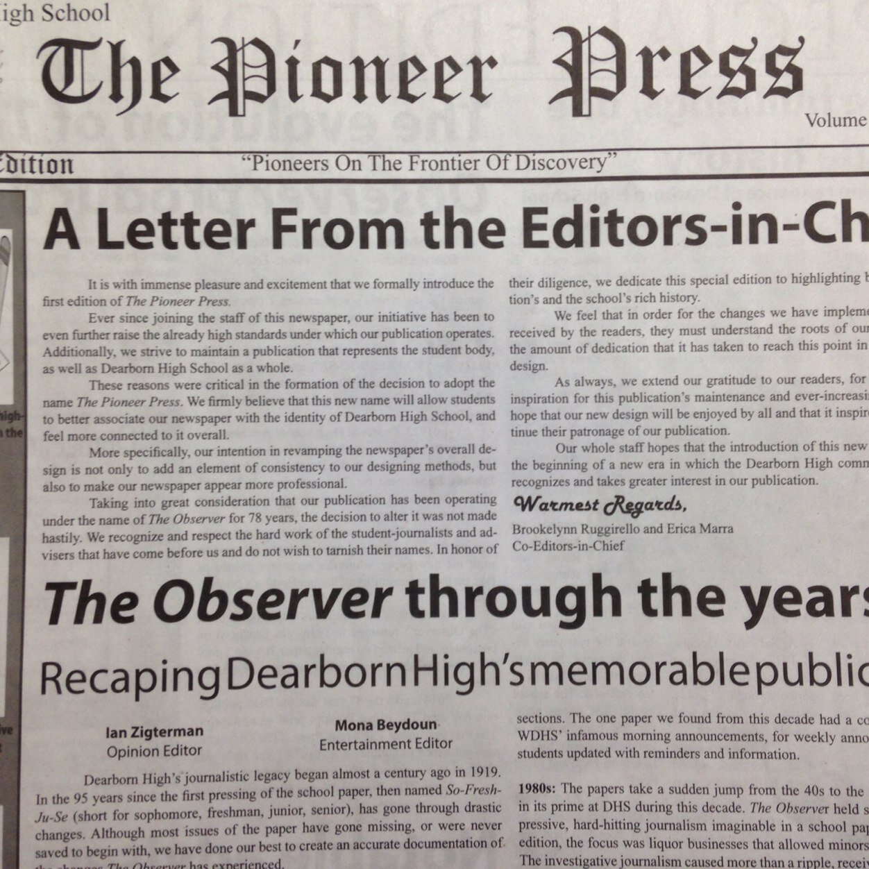 “Pioneers On The Frontier Of Discovery.” Dearborn High School's monthly, student-run publication