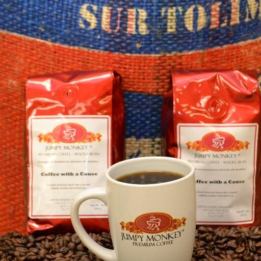 Jumpy Monkey products provide meaningful and purposeful employment for adults who have sustained a Brain Injury or Spinal Cord Injury.
-Coffee with a Cause-