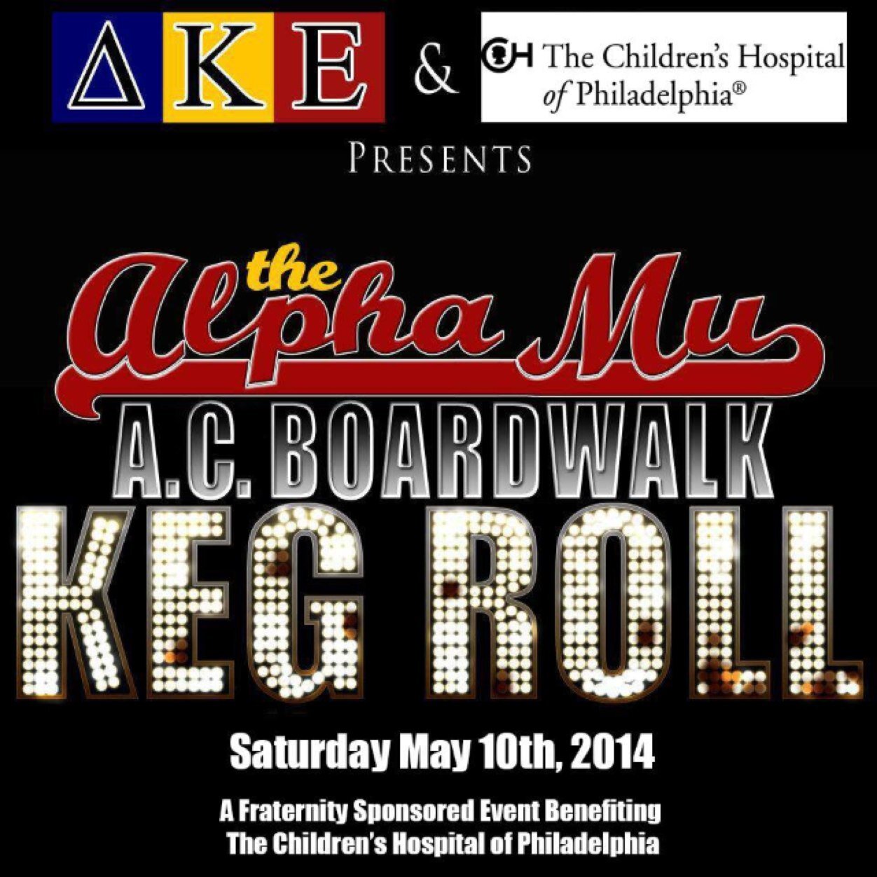Twitter page for the Delta Kappa Epsilon, Alpha Mu, Atlantic City Keg Roll. All proceeds from the event will go to help the Children's Hospital Of Philadelphia.