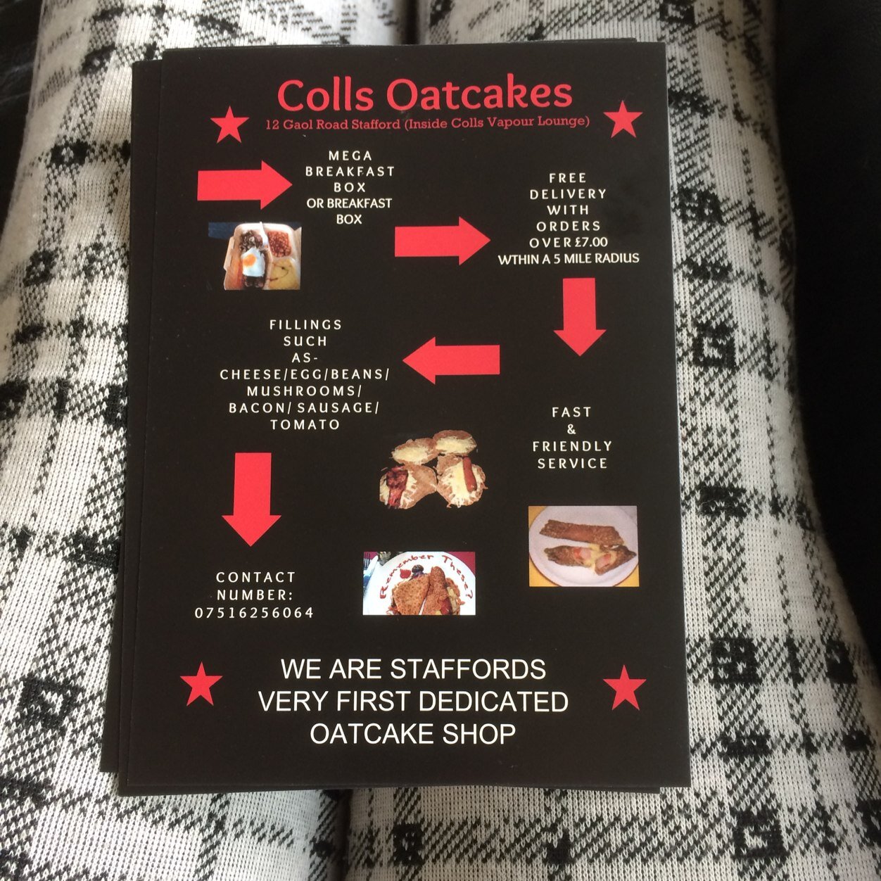 We are the first dedicated oatcake shop in Stafford, we are located inside the Colls Vapour Lounge at the back of the shop (our sister business).