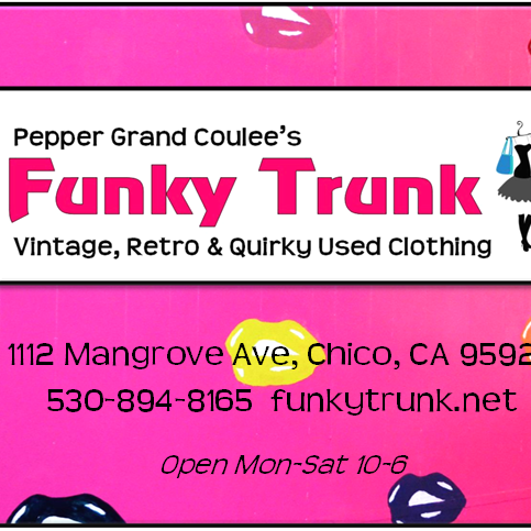Pepper Grand Coulee's Funky Trunk in Chico, CA selling Vintage, Retro & Quirky Used Clothing for Men & Women.