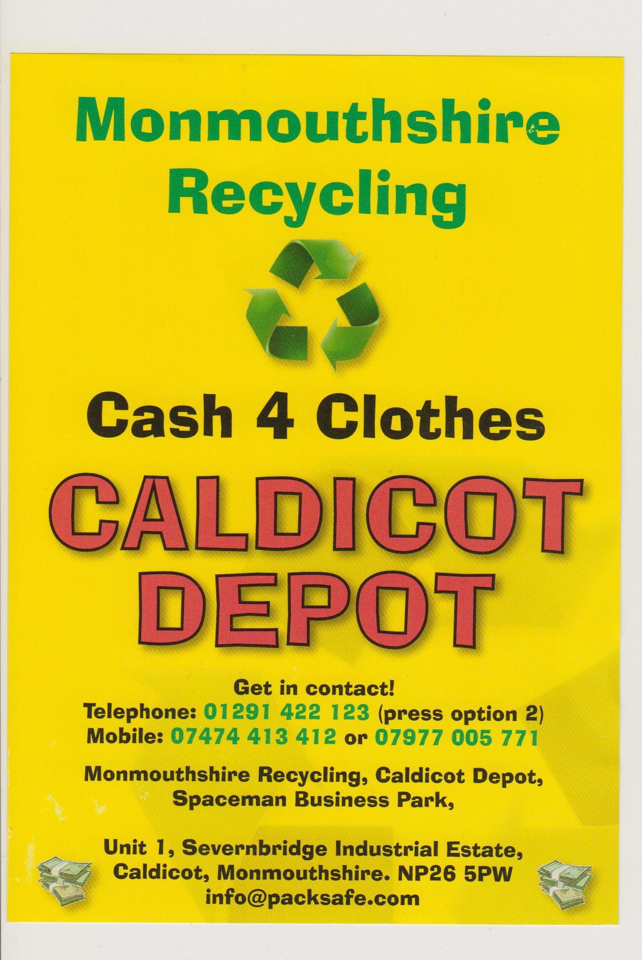 Monmouthshire Recycling is a trading name of Packsafe LLP Registered in England No. OC 368369. 01291 422 123 (option 2), 07811 101 954