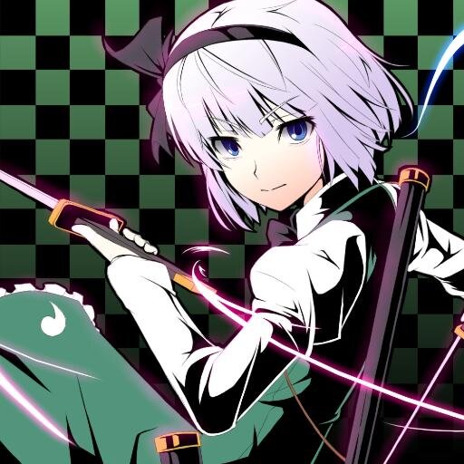 I'm a half human and a half phanthom. White hair, green vest, green skirt, & Hakurouken - Roukanken. Concentrate on your sword unless if you are scared with it.