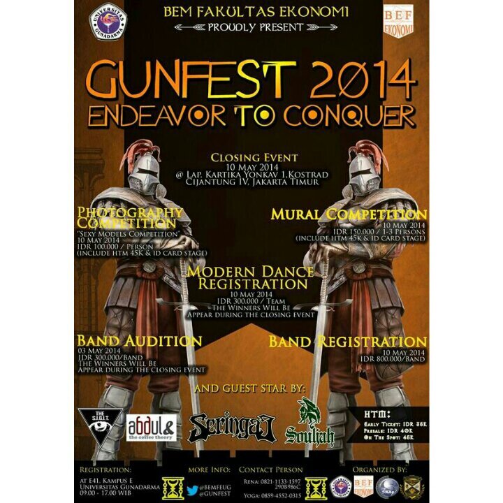 GunFest's profile picture. Gunadarma Festival-On 10th May 2014. THE SIGIT, SERINGAI, SOULJAH, ABDUL&THECOFFETHEORY and DJ CHANTAL DEWI. CP +62821-1133-1597