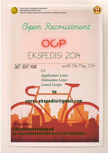 Ekonomi Sesepedahan dan Reboisasi by BEM Kema FEB Unpad | Jadwalkan *5 Oktober 2014*
  Cp: Amel (089686894009) Riski (085759920538)