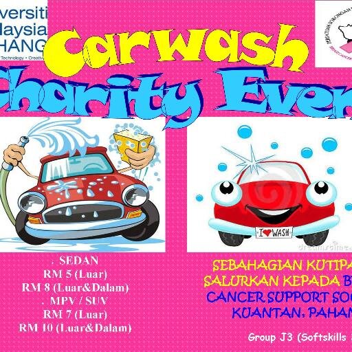 CarwashCharity's profile picture. Mari membasuh kereta sambil beramal! Sebahagian Sumbangan akan disalurkan kepada BREAST CANCER SUPPORT SOCIETY,KUANTAN.
Follow kami untuk keterangan lanjut ^_^