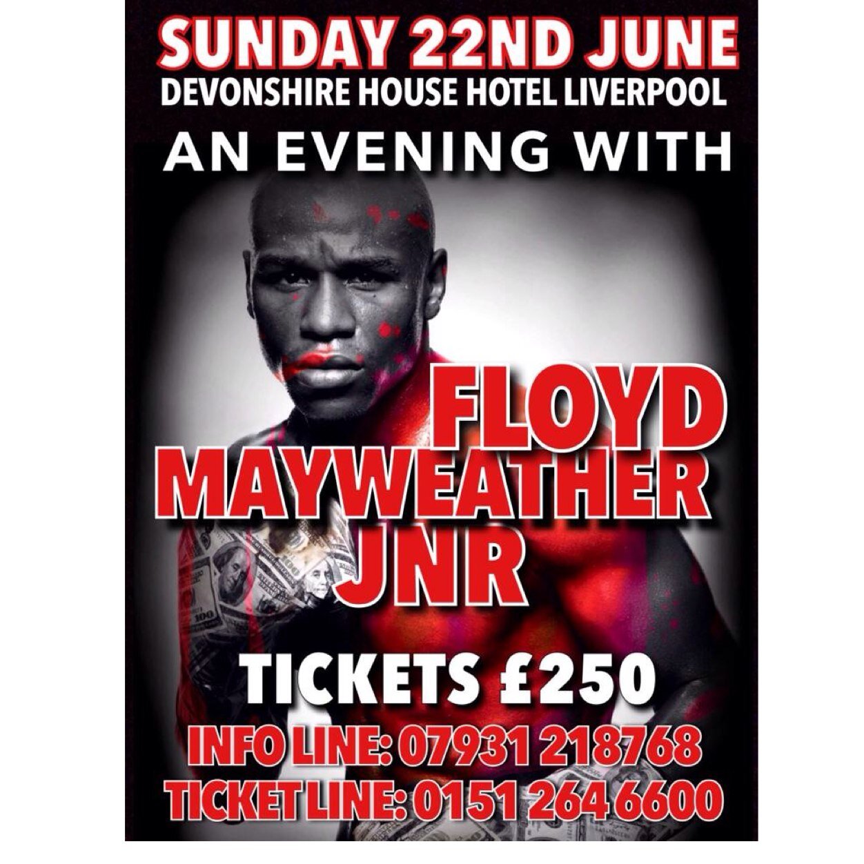 This is the official twitter for an evening with Floyd MONEY Mayweather in liverpool taking place June 22nd in the devonshire house liverpool