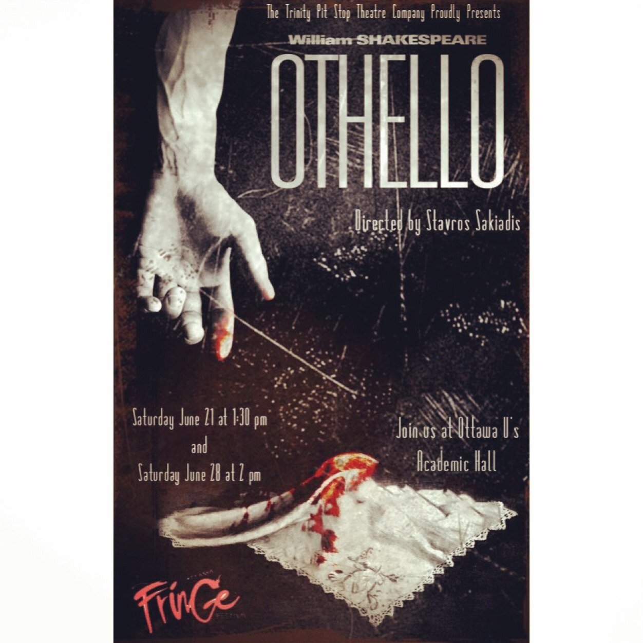 The official twitter page for the Holy Trinity's Pit Stop Theatre co.'s producion of Othello. The show runs June 5&6th at 7pm