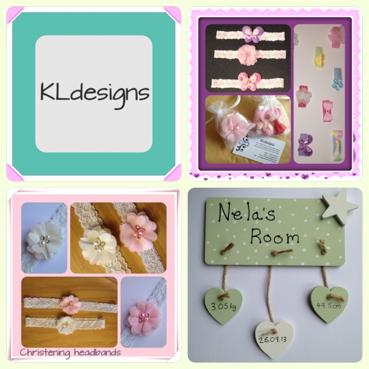 Hand crafted children's hair accessories, wooden plaques and other wooden items, greeting cards and more. Items can be made personalised.
kldesigns14@gmail.com