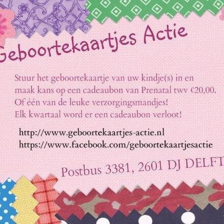 gebkaartactie's profile picture. Het verzamelen van Geboortekaartjes! Stuur je geboortekaartje in en win per kwartaal een Prenatal Cadeaubon twv 20,00! Postbus 3381, 2601 DJ Delft