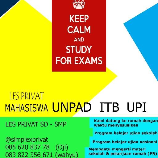 Simplex Privat. Sahabat Meraih Prestasi...
Privat SD-SMP datang ke rumah.
Pengajar mahasiswa Unpad, ITB, UPI.
info: oji (08562083778), wahyu (0888 020 38071)
