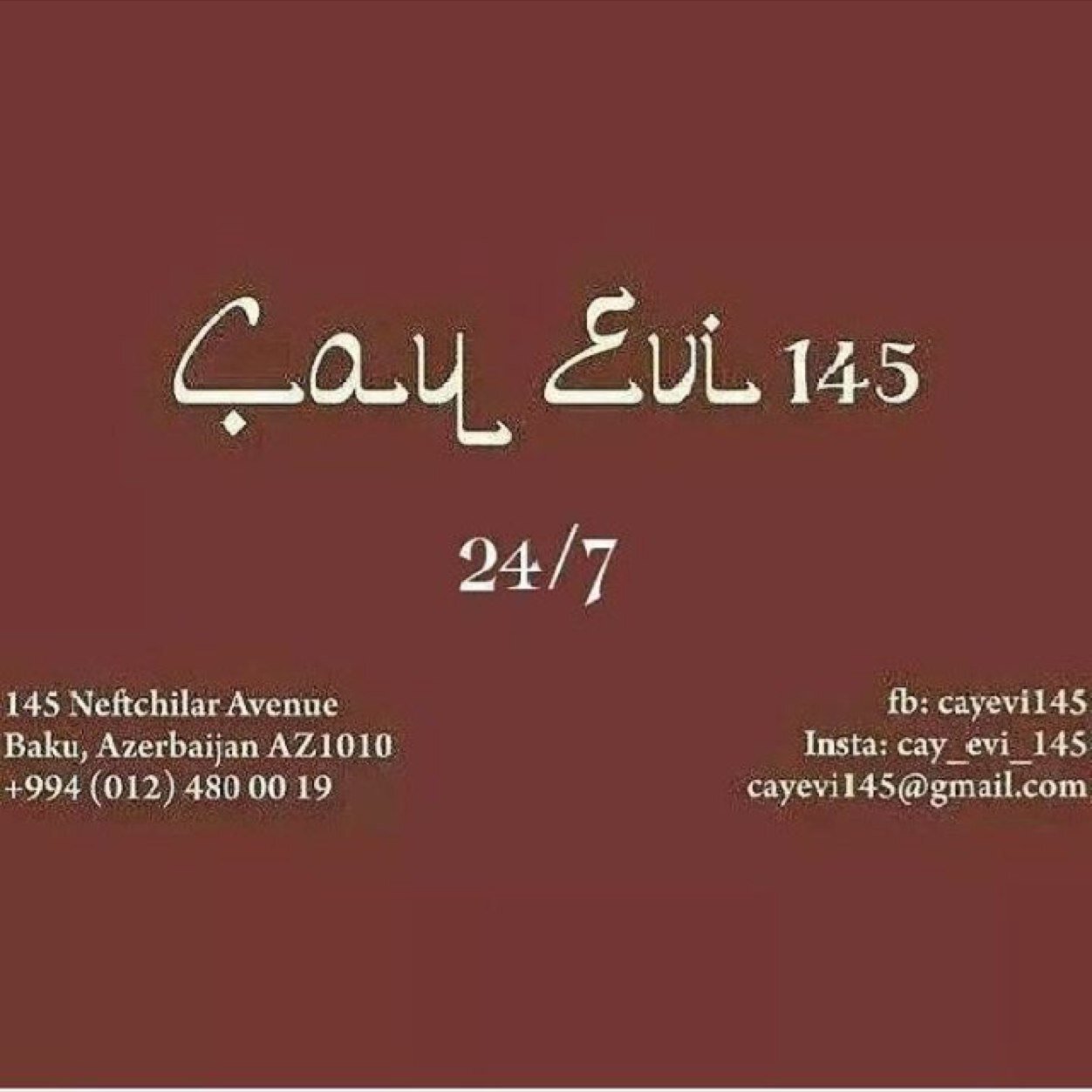 cay145's profile picture. Cay Evi 145 is one of the first tea houses in Baku. The best tea, delicious sweets, and shisha. Open 24/7. We are waiting for you!