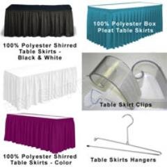 We provide 100 % polyester shirred table skirts are stain resistant, wrinkle free and needs no ironing.