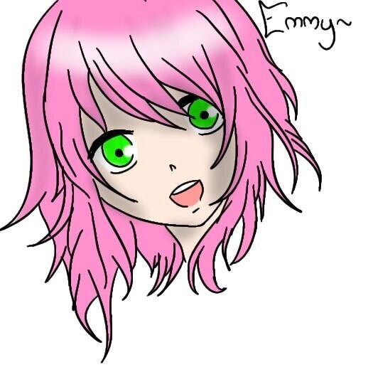 hello, I'm Emmy, I have pink hair and green eyes, I love marbles..