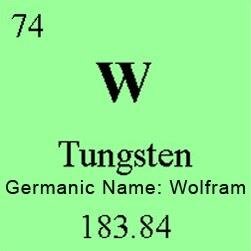 Wolfram, a rare, bright gray, lustrous metallic element having a high melting point, 3410°C: used in electric-lamp filaments