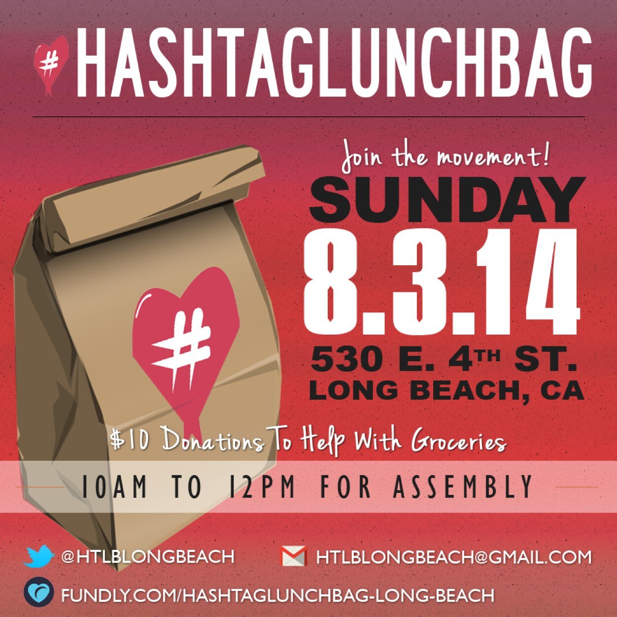 Help us to feed the homeless at our first Long Beach event on August 3rd. 
To donate: http://t.co/PnUPRVPKW9
email: htlblongbeach@gmail.com