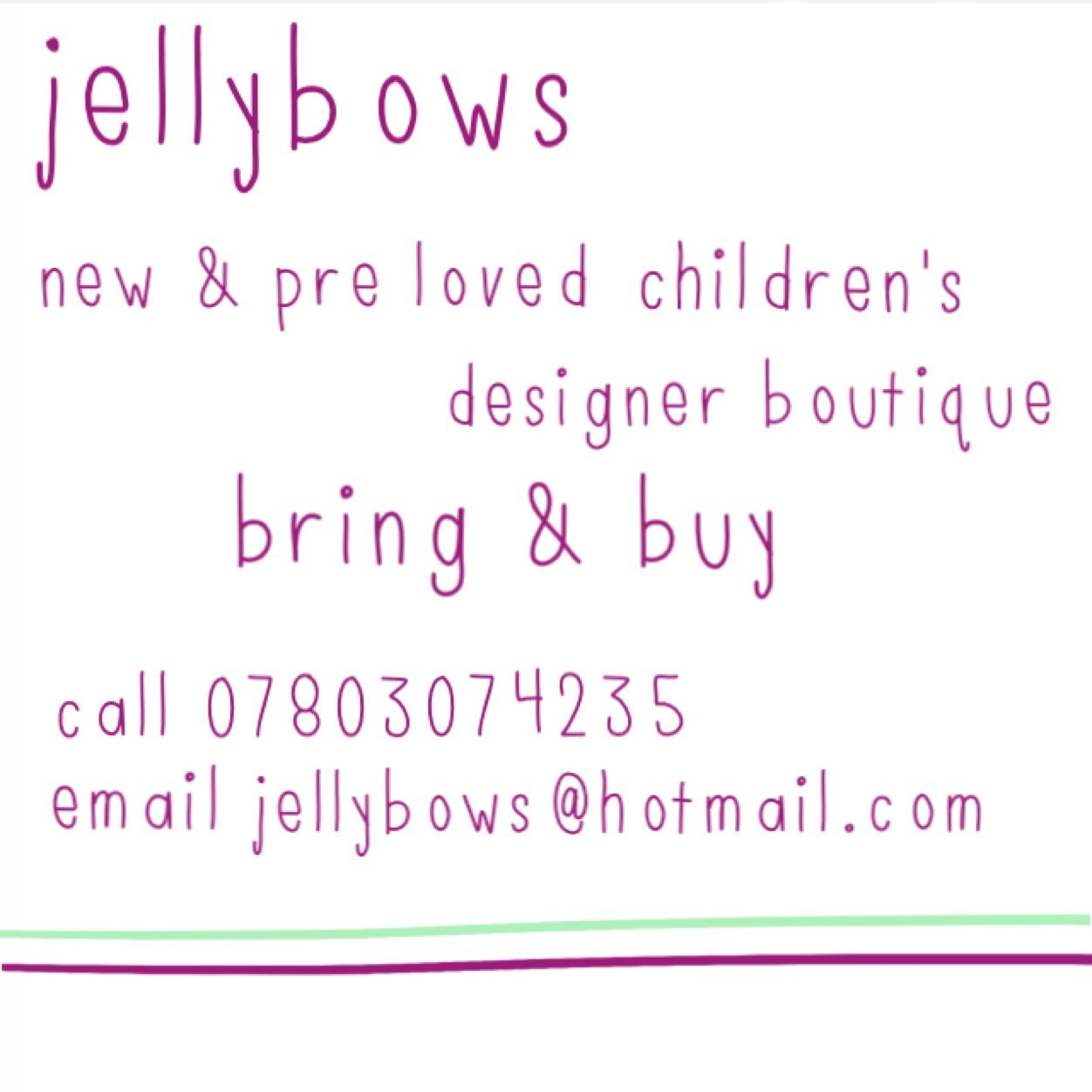 jellybows 
childrens designer boutique. new & preloved children's necessities and acessories to cater for all of your kiddie winks needs