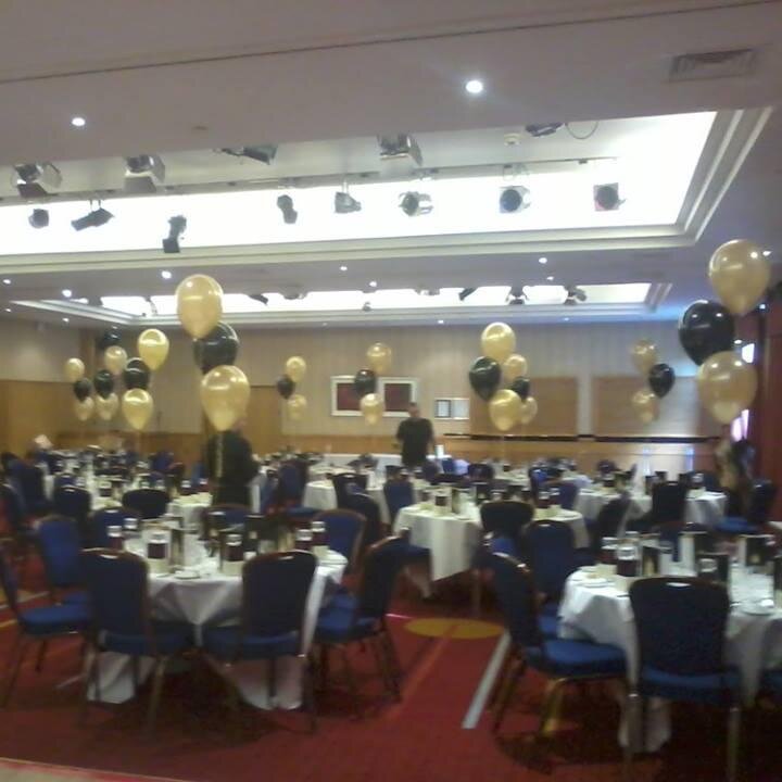 Party decorations and helium balloons.